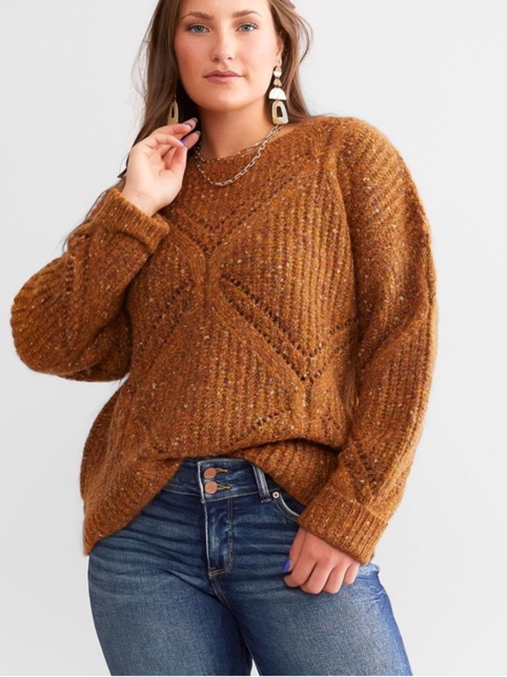 Daytrip Diamond Stitch Marled Sweater Copper Brown Large